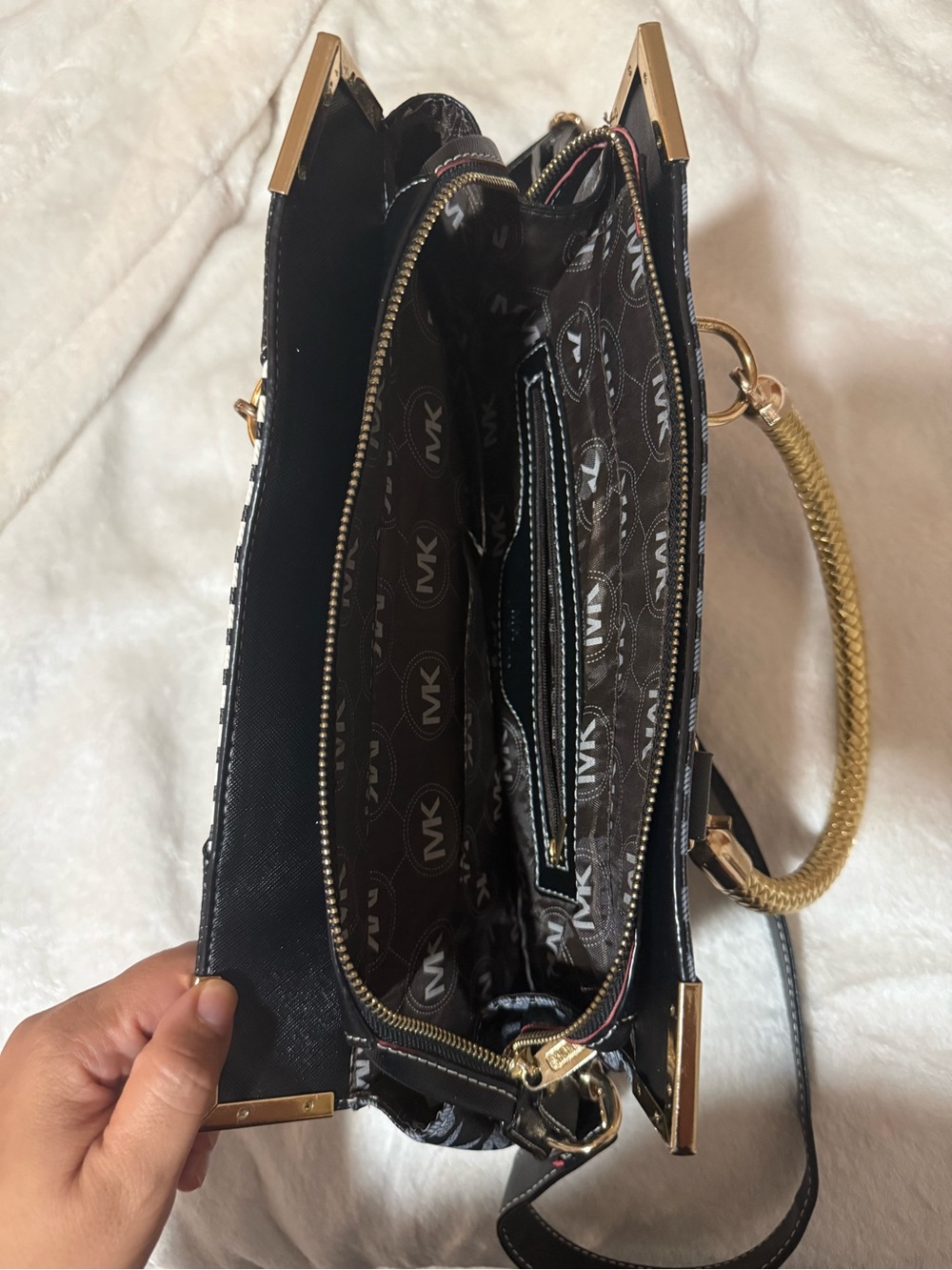 Michael Kors Black & Gold MK Signature Shoulder Bag with Striped Accent - Picture 2 of 2